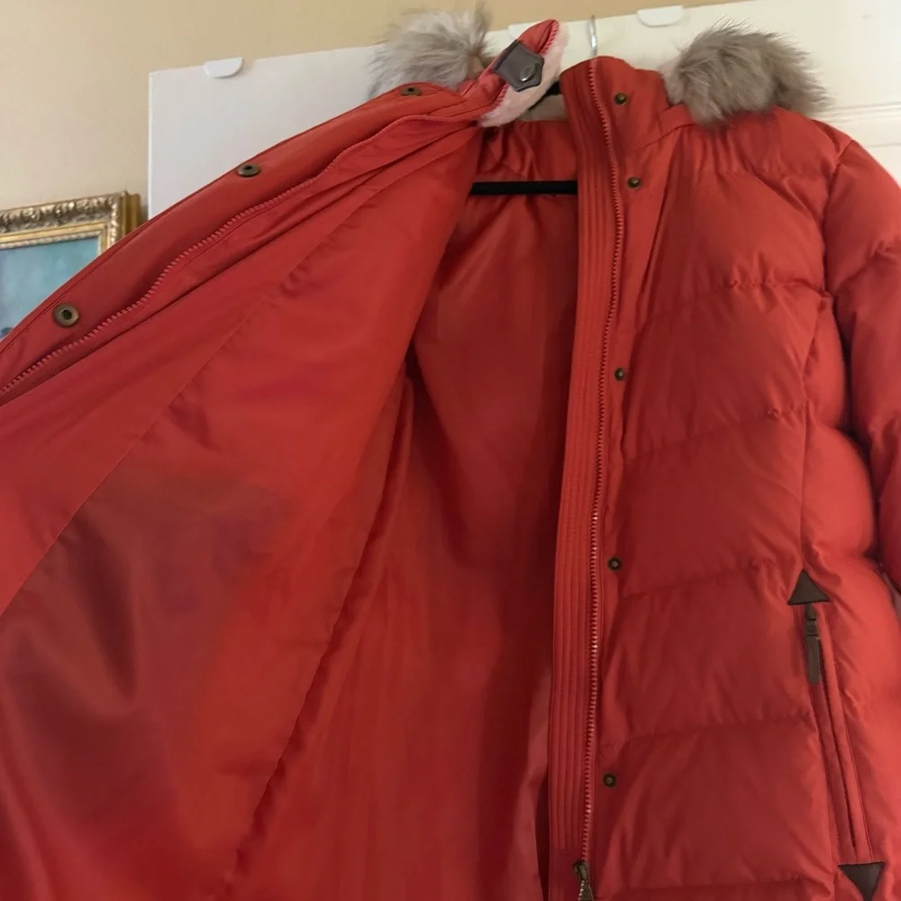 Lauren Ralph Lauren Orange Puffer Coat with Faux Fur Trim Hood - Picture 5 of 9